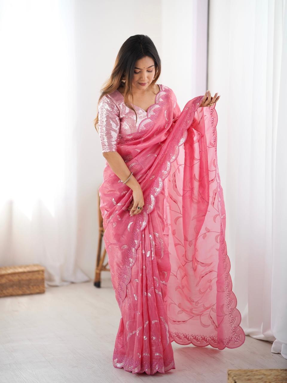 Designer Gold Crush Saree with Heavy Thread and Sequin Embroidery | Ready to Wear Ethnic Party Wear