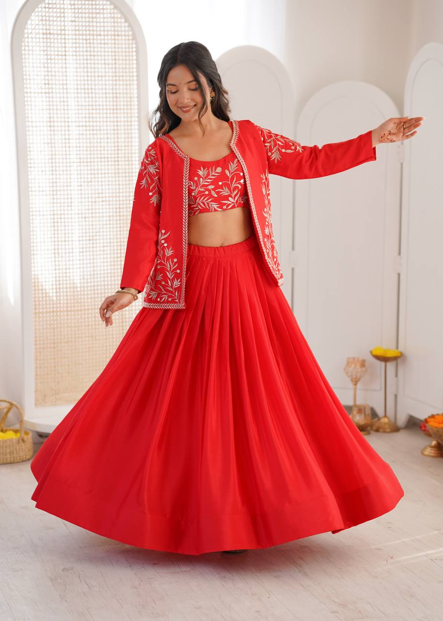 Grand Flair Chinon Silk Lehenga Set with Thread & Sequin Work Koti | Bridal & Festive Wear