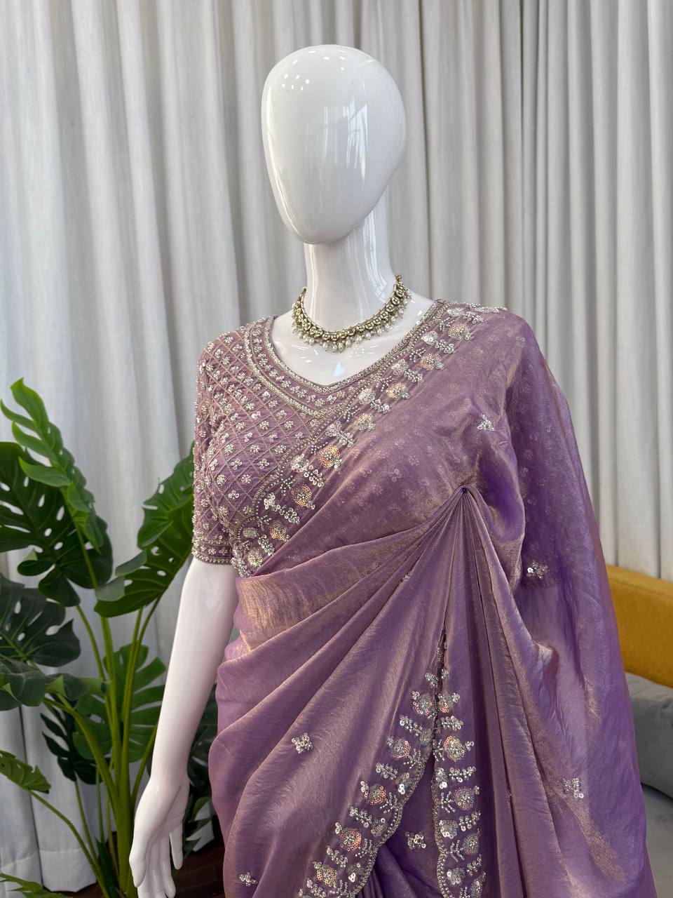 Designer Fendy Silk Saree with Heavy Beads, Thread & Sequin Work | Wedding & Party Wear