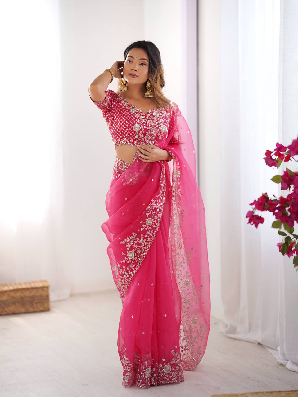 Premium Organza Silk Wedding Saree with Floral Embroidered Border and Blouse