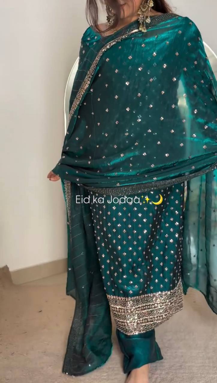 Heavy Fendy Silk Salwar Suit Set with Dupatta – Thread & Sequence Embroidery Kurta Pant Set