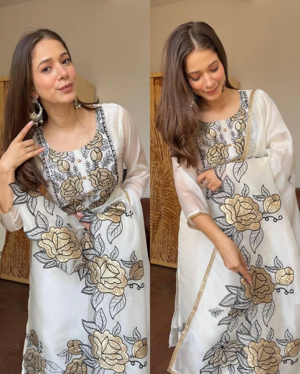 Premium JMC Silk Thread Work Kurti Pant Dupatta Set | Festive Wear