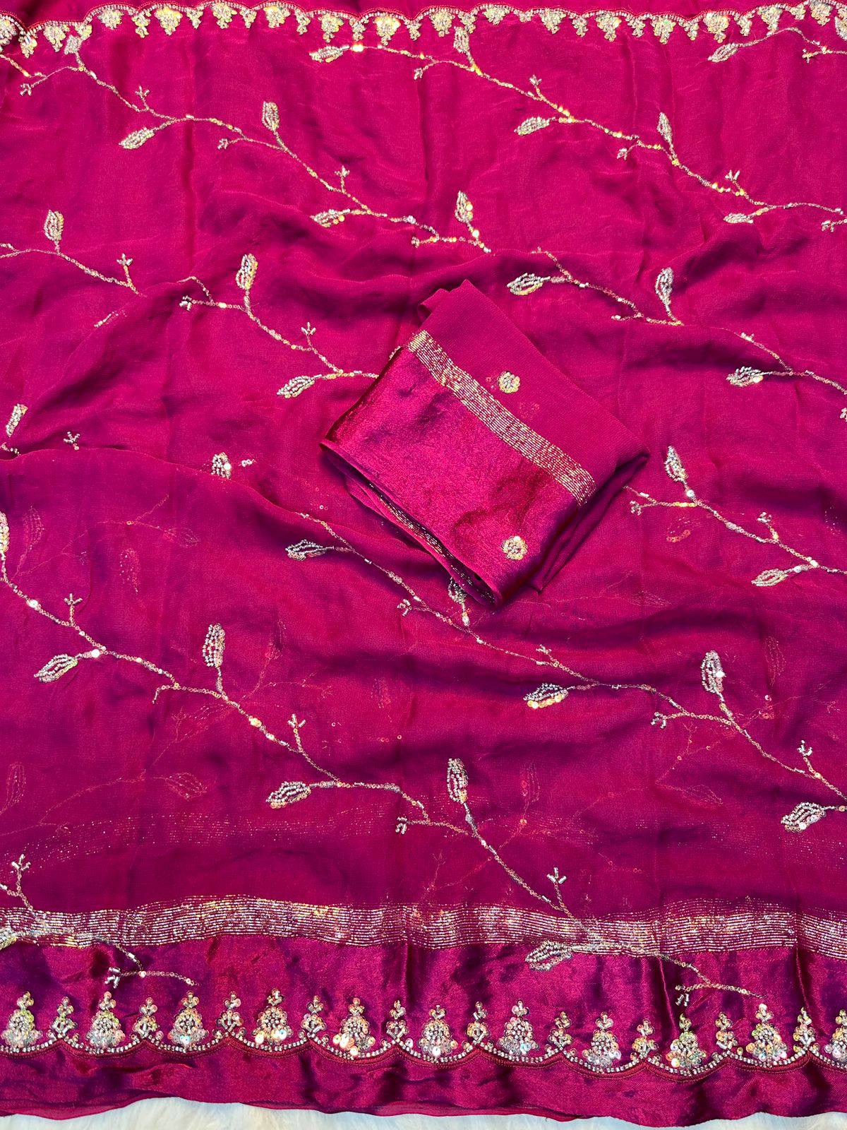 Viscose Georgette Saree with Satin Patti Sequence Work & Handwork Running Blouse