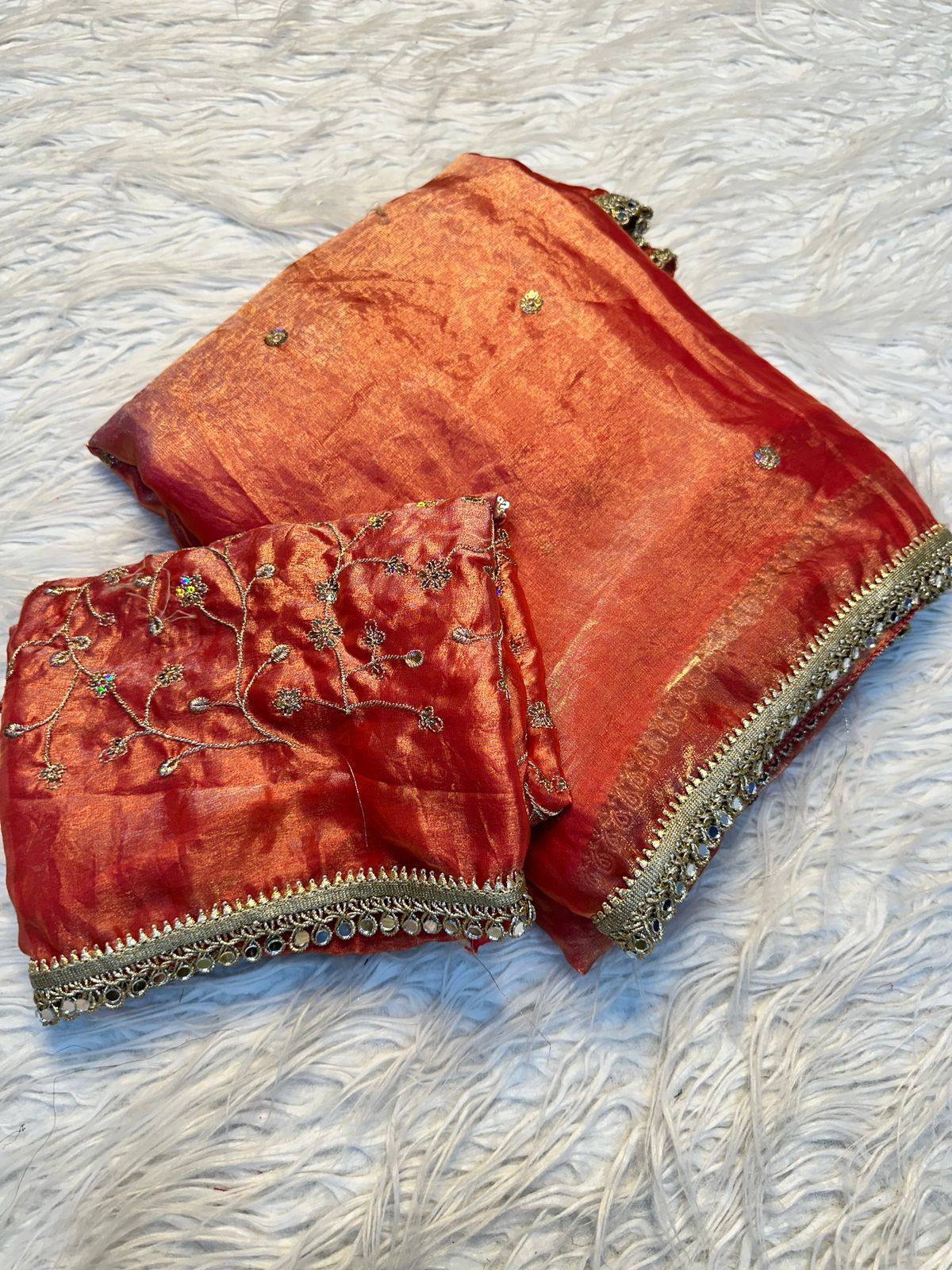 Fendy Satin Dual Shade Sequence Work Saree with Designer Lace Border & Running Blouse