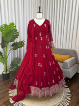 Designer Faux Georgette Anarkali Gown Set with Embroidered Dupatta & Pant