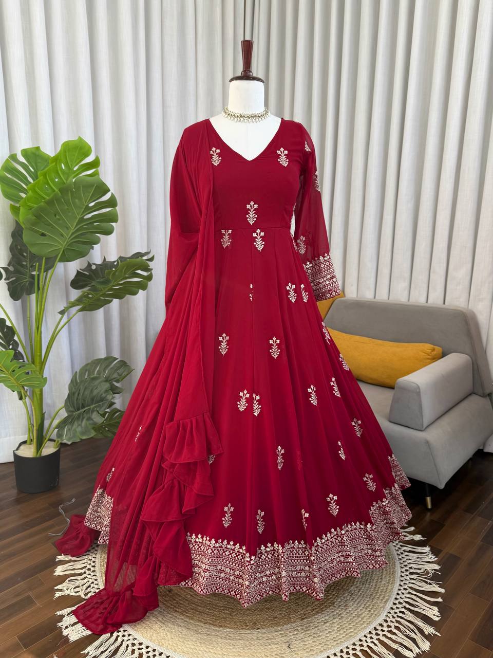 Designer Faux Georgette Anarkali Gown Set with Embroidered Dupatta & Pant
