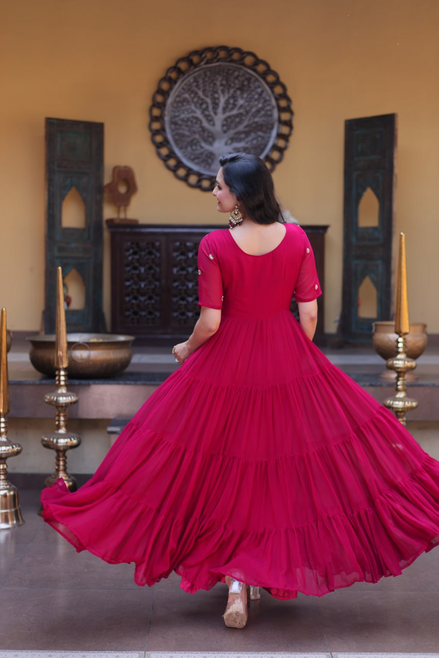 Party Wear Faux Blooming Long Gown with Heavy Embroidery Work