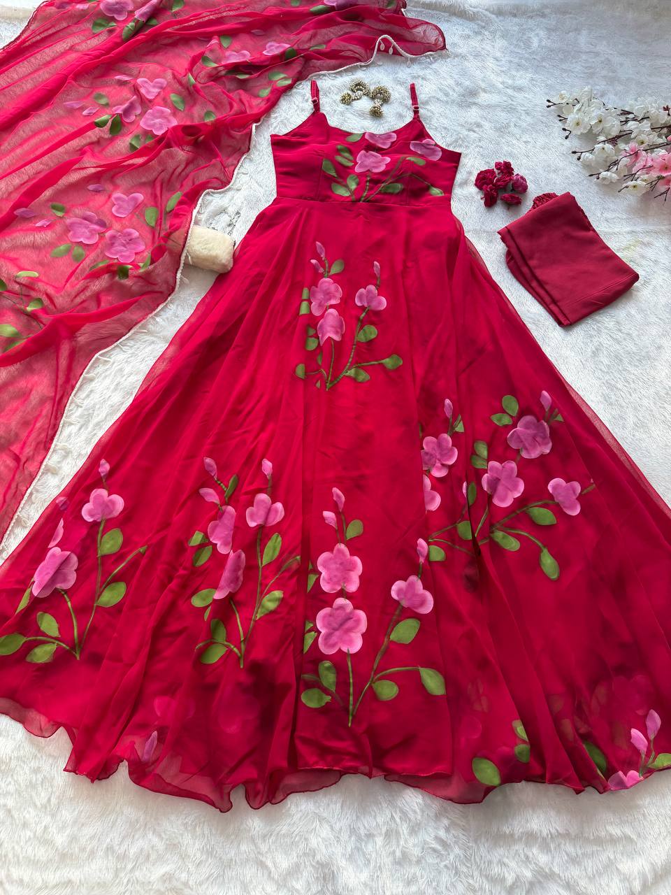 Handpainted Georgette Anarkali Suit Set with Buttersilk Pant & Kodi Lace Dupatta