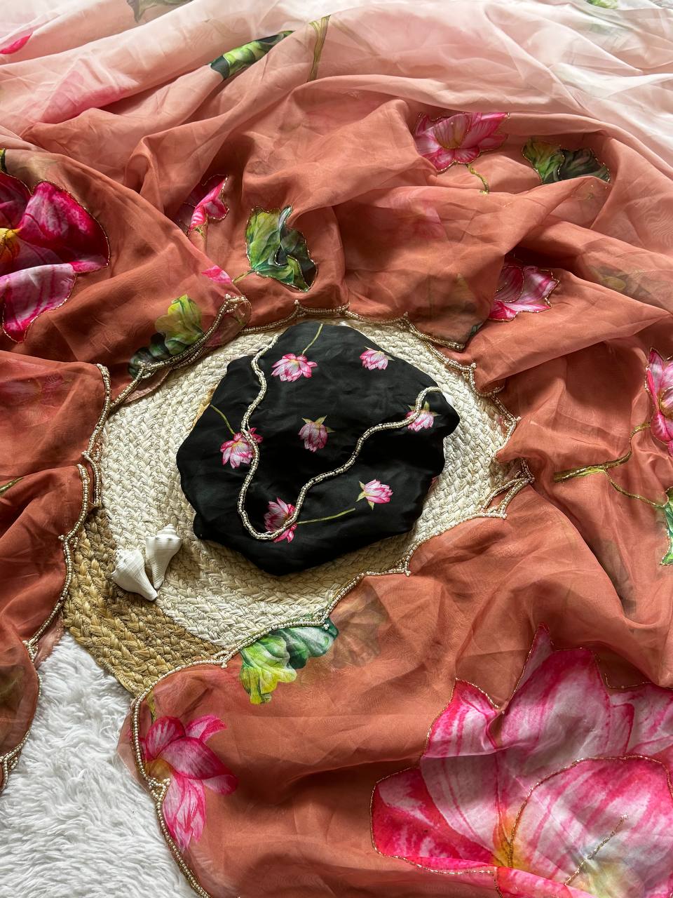 Celebrity Style Floral Print Tabby Organza Saree with Moti & Cut Dana Handwork