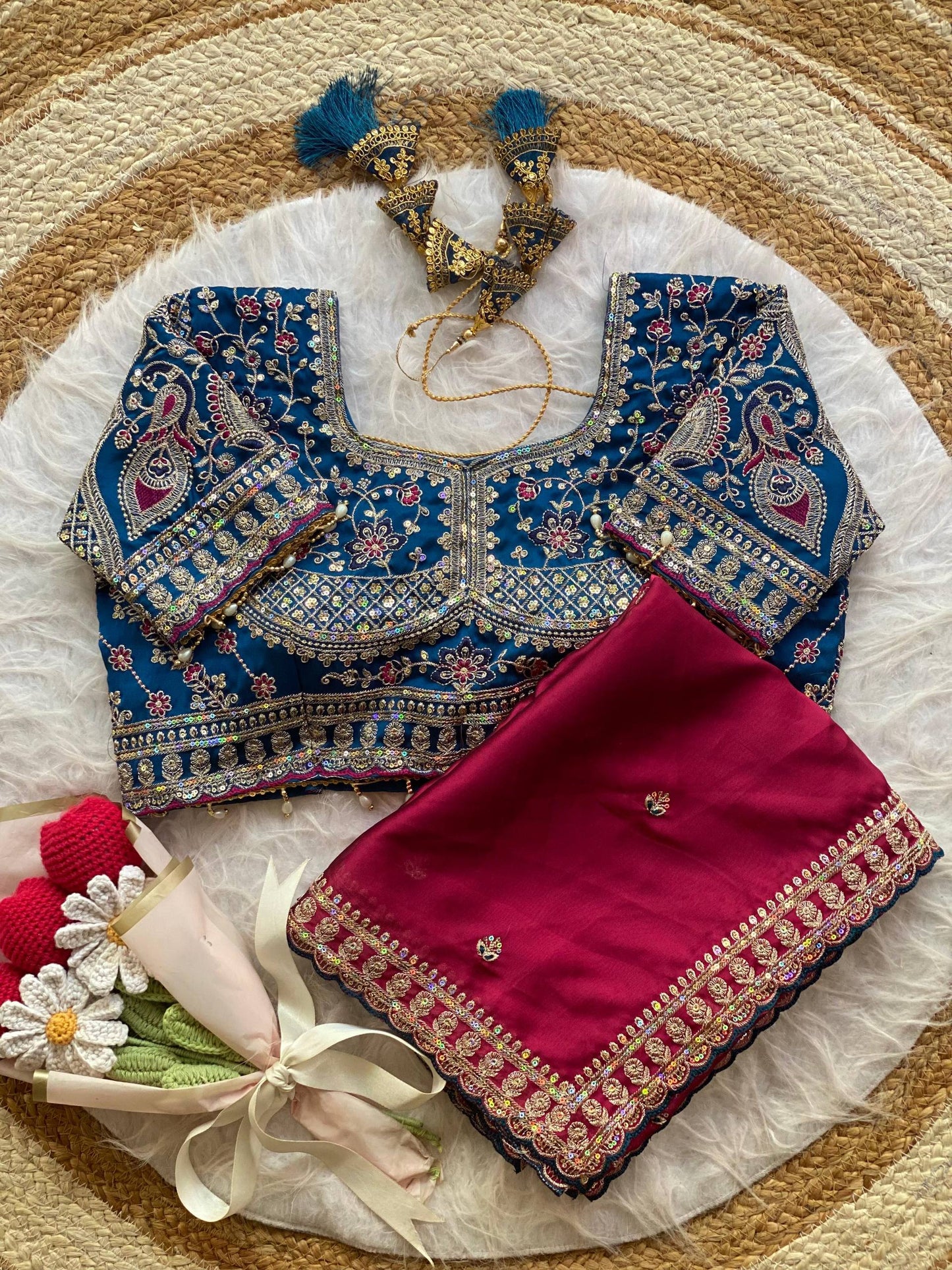 Premium Rangoli Silk Saree with Thread Sequins Jari Work & Designer Blouse
