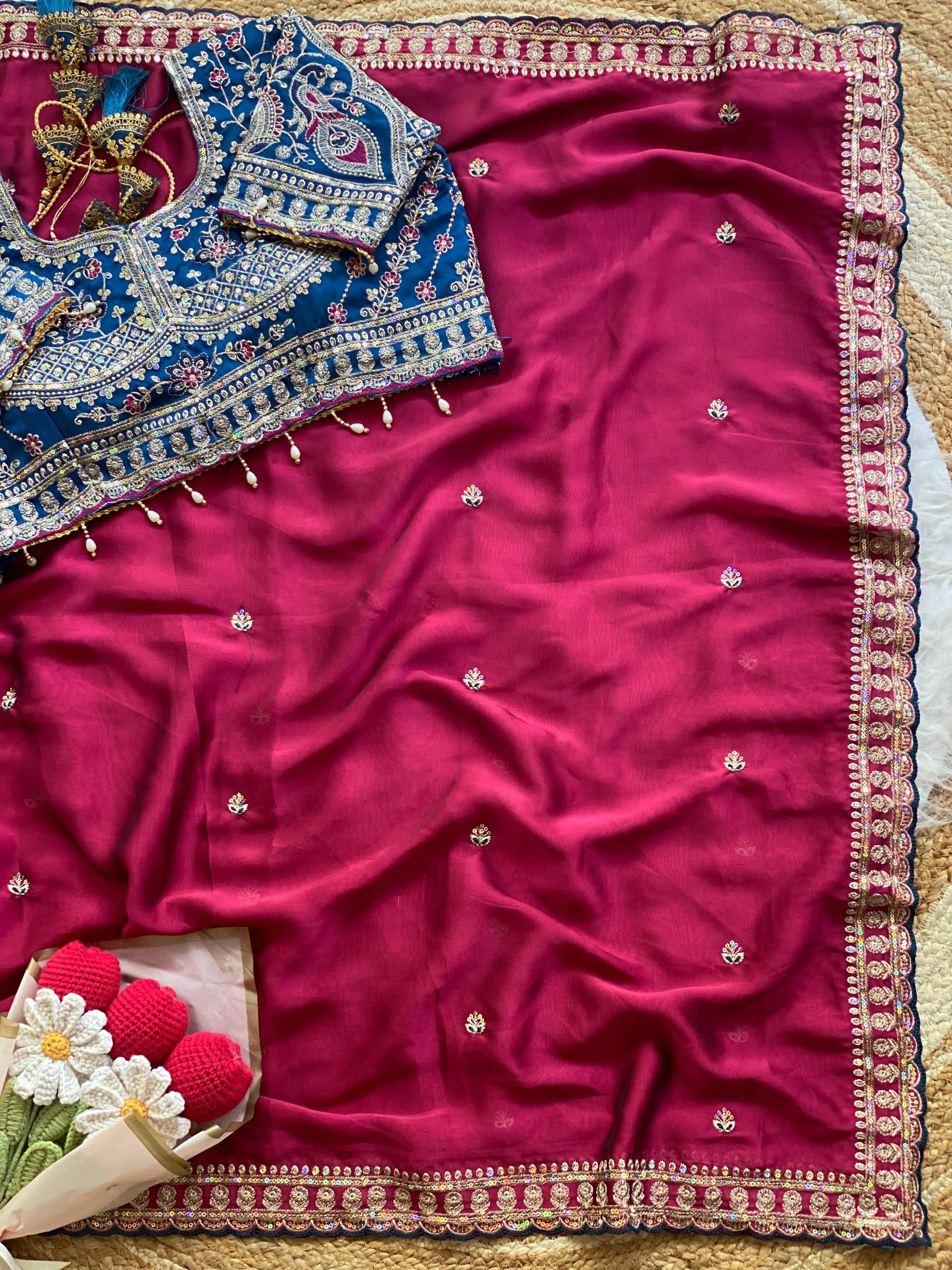 Premium Rangoli Silk Saree with Thread Sequins Jari Work & Designer Blouse