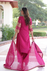 Embroidered Faux Blooming Kurti Set with Pant and Sequined Dupatta