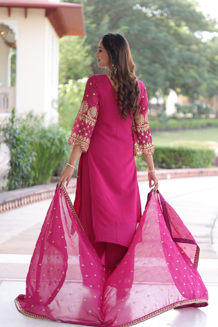 Embroidered Faux Blooming Kurti Set with Pant and Sequined Dupatta