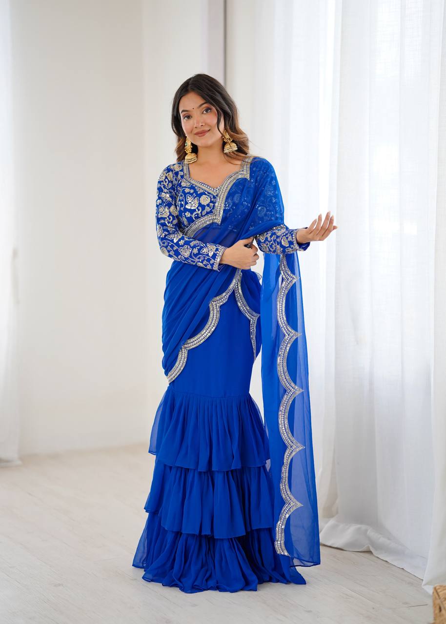 Embroidered Faux Georgette Ruffle Saree with Sequin Work Blouse