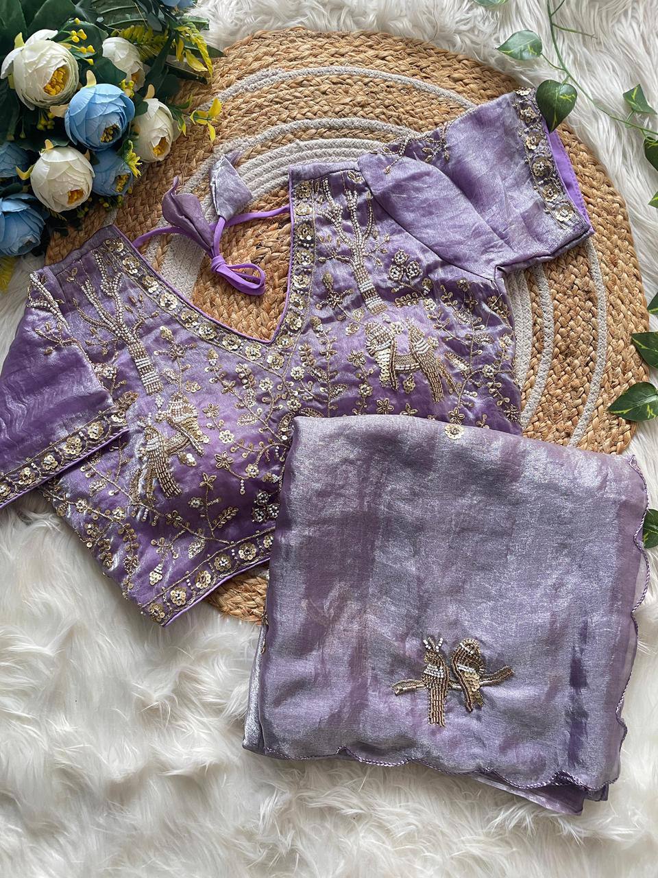 Handcrafted Khatli Work Satin Saree with Designer Stitched Blouse and Scalloped Border