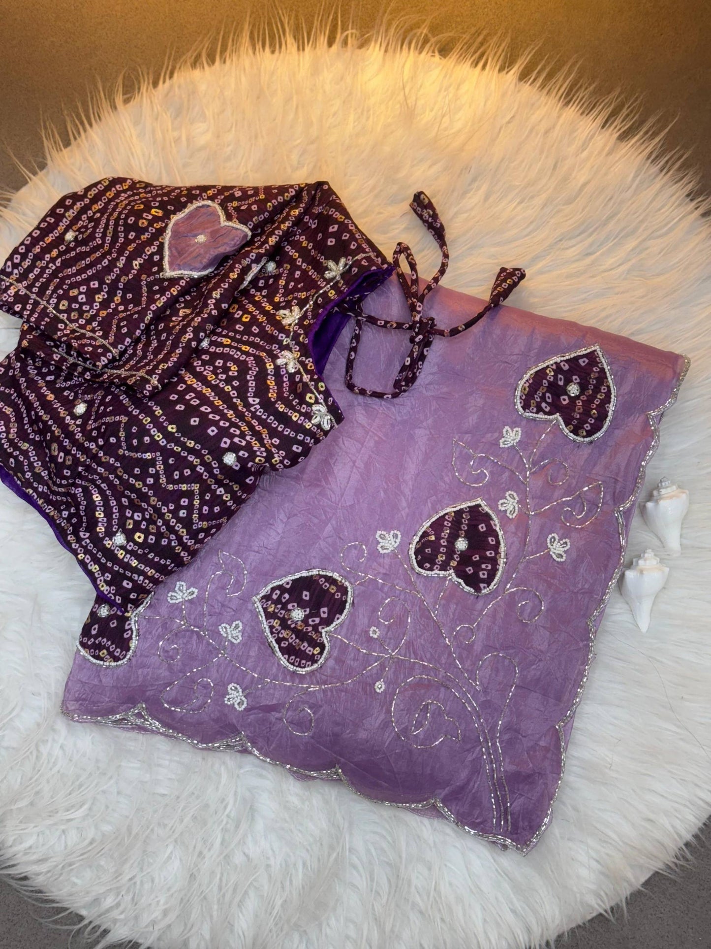 Two-Tone Gold Crush Silk Saree with Bandhej Handwork Cutdana Butta and Foil Print Stitched Blouse