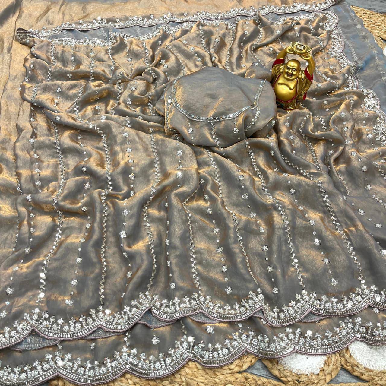 Pure Space Silk Party Wear Saree with Gold Beads, Sequins & Cutdana Handwork and Designer Work Blouse