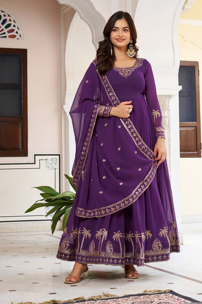 Faux Georgette Embroidered Gown Set with Sequence Work & Matching Pant