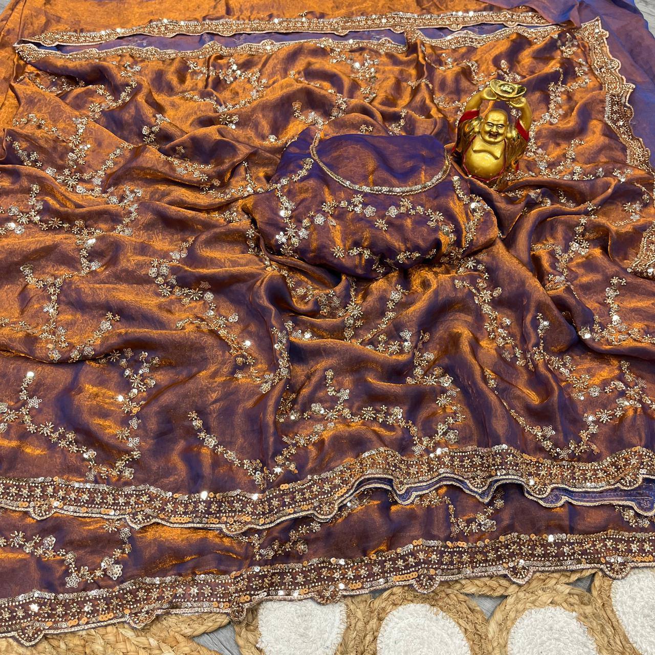 Designer Space Silk Party Wear Saree with Velvet Shine & Gold Cutdana Handwork