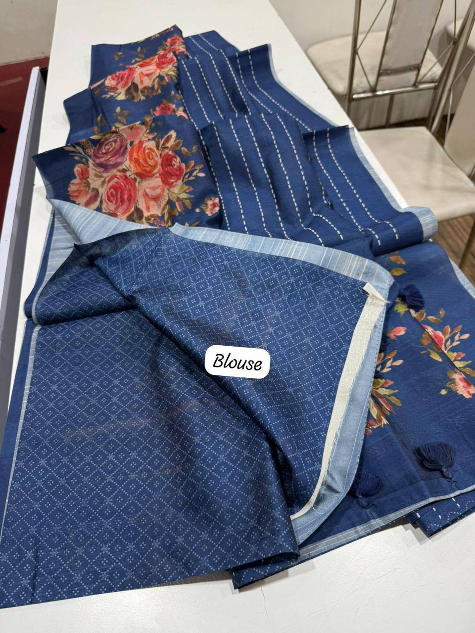 Digital Floral Print Semi Desi Tussar Silk Saree with Tassel Detail and Matching Blouse