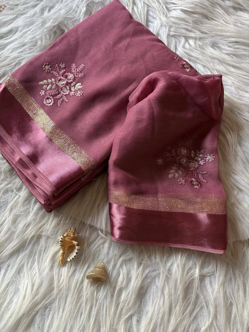 Pure Viscose Georgette Saree with Floral Embroidery Butta & Satin Border