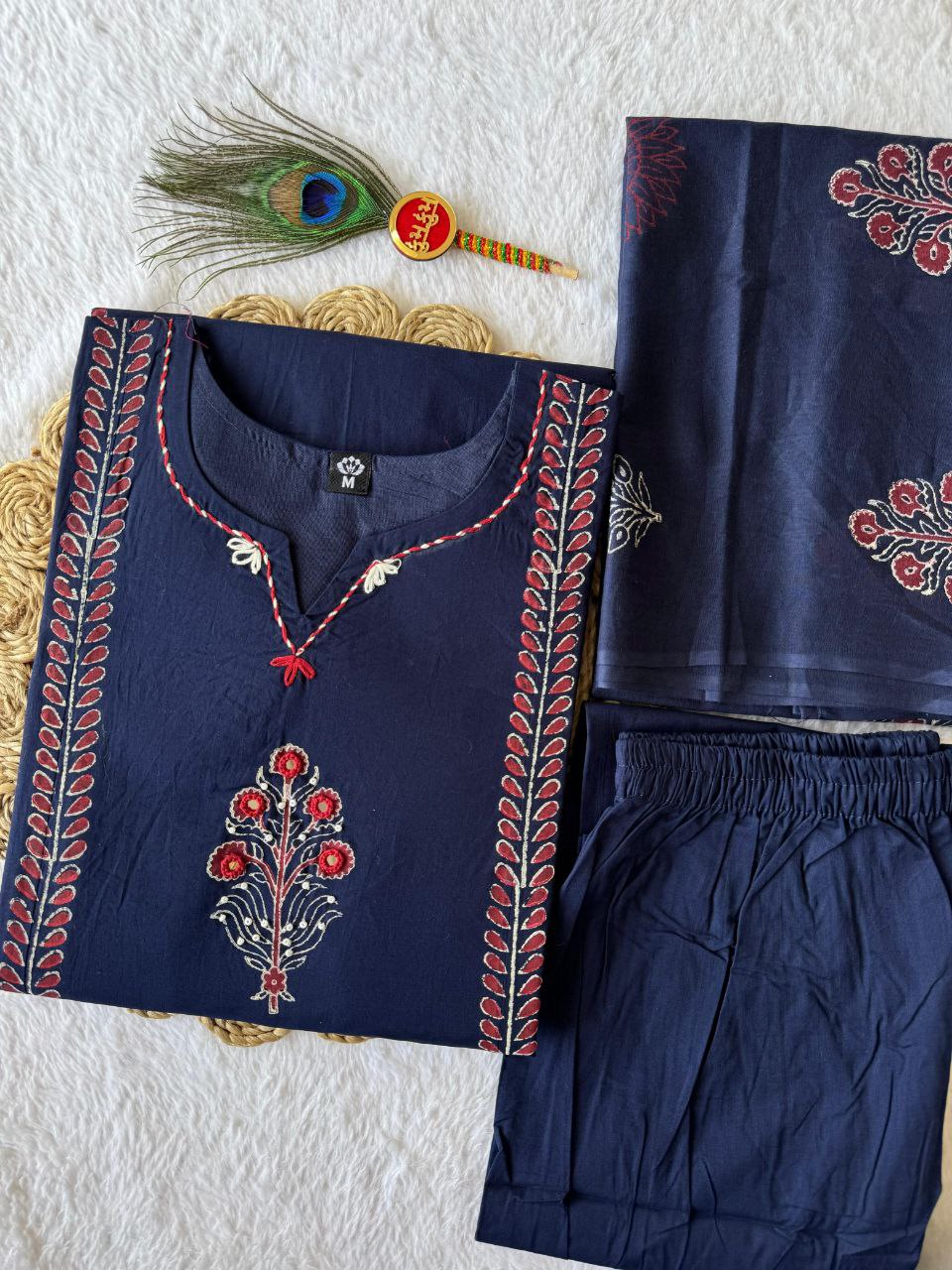 Pure Cotton A-Line Kurti Pant Set with Real Mirror Hand Work & Mul Cotton Dupatta