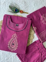 Pure Cotton A-Line Kurti Pant Set with Real Mirror Hand Work & Mul Cotton Dupatta