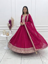 Pure Vichitra Silk Full Flare Anarkali Gown with Sequins Embroidery work, Churidar Sleeves and Dupatta