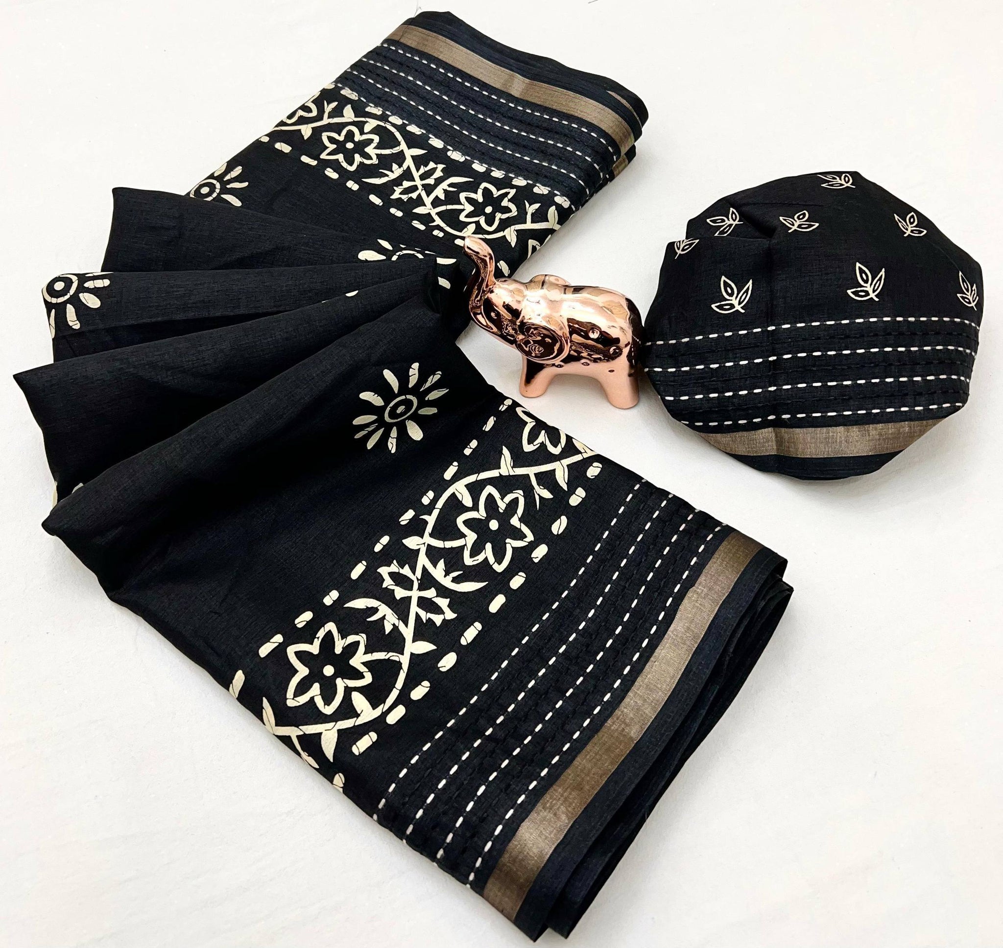 Premium Binny Crepe Printed Saree | Katha Work & Zari Border Ethnic Wear