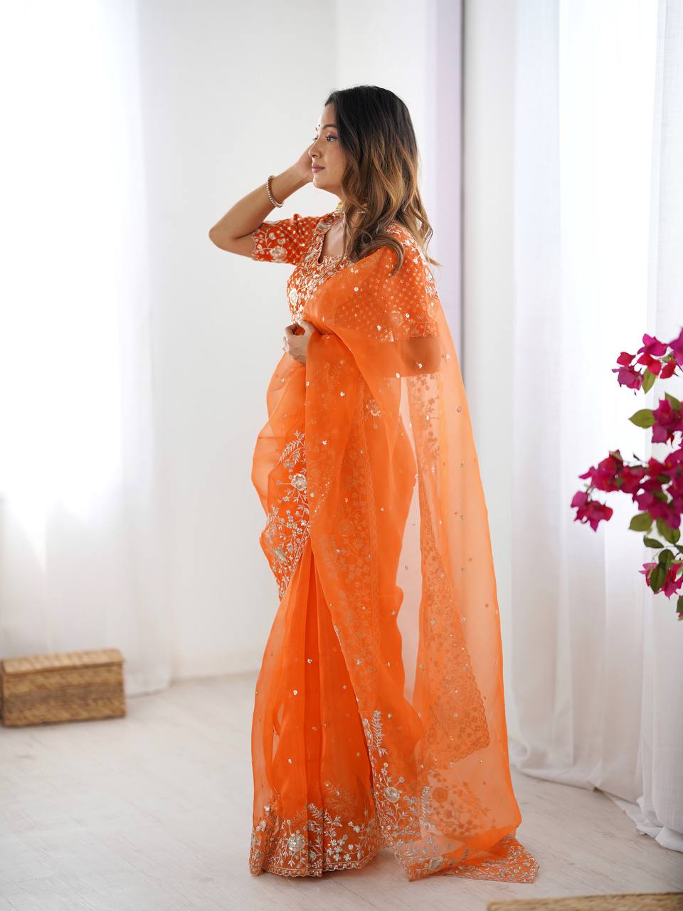 Designer Embroidered Organza Saree - Luxury Wedding Wear with Sequin Work
