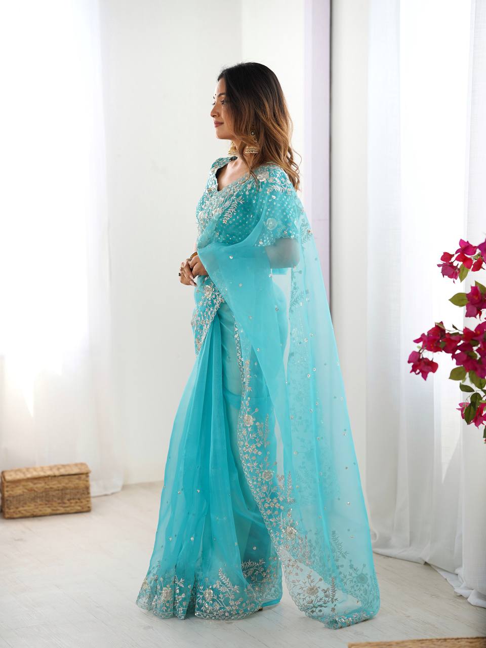 Designer Embroidered Organza Saree - Luxury Wedding Wear with Sequin Work