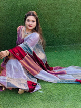 Viral Instagram Trending Soft Shine Space Silk Saree with Silver Cut Dana Handwork