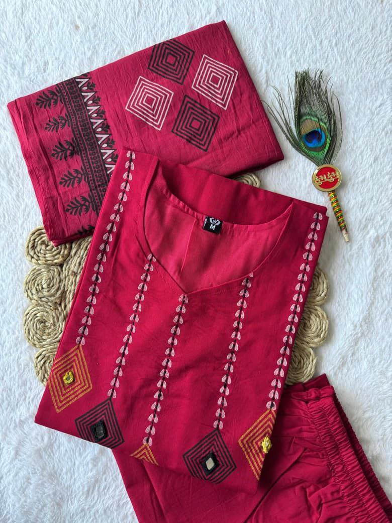 Hand Block Print Pure Cotton Kurti Set with Real Mirror Work & Mul Cotton Dupatta
