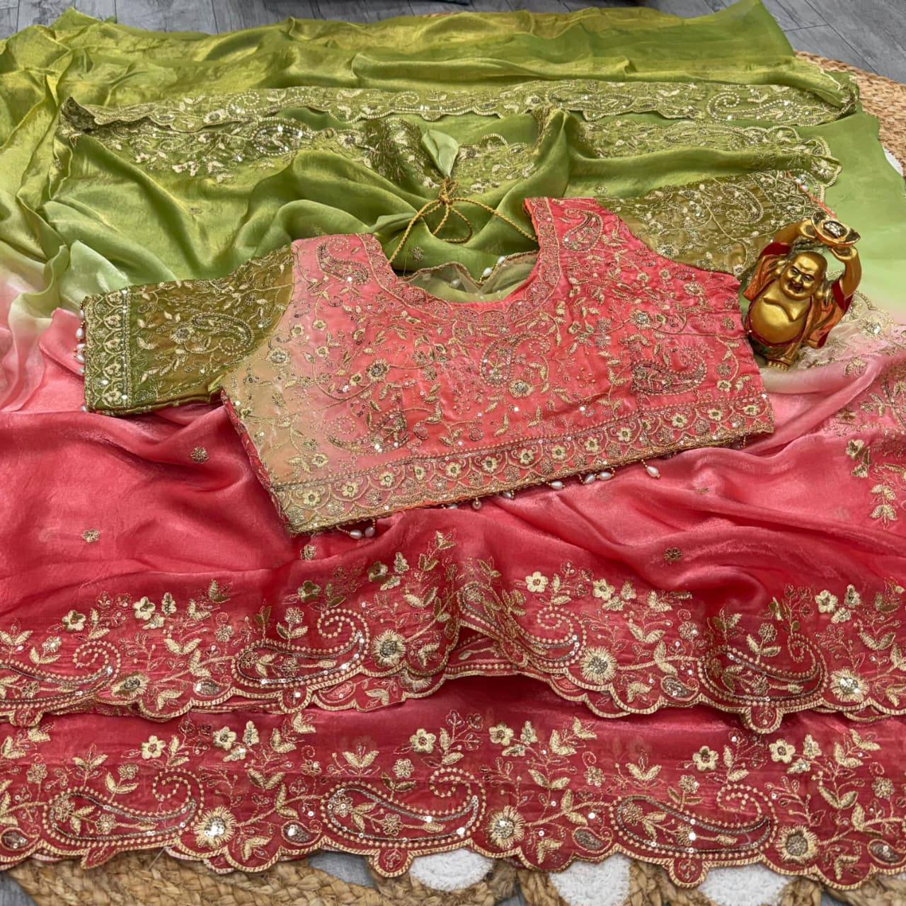 Premium Dual Shade Space Silk Saree with Original Zari Work & Stitched Designer Blouse