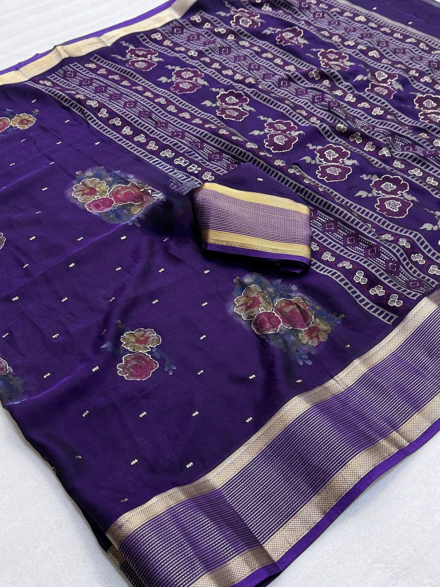 Pure Rangoli Silk Saree with Floral Prints, Glitter Butti & Golden Weaving Border with Blouse