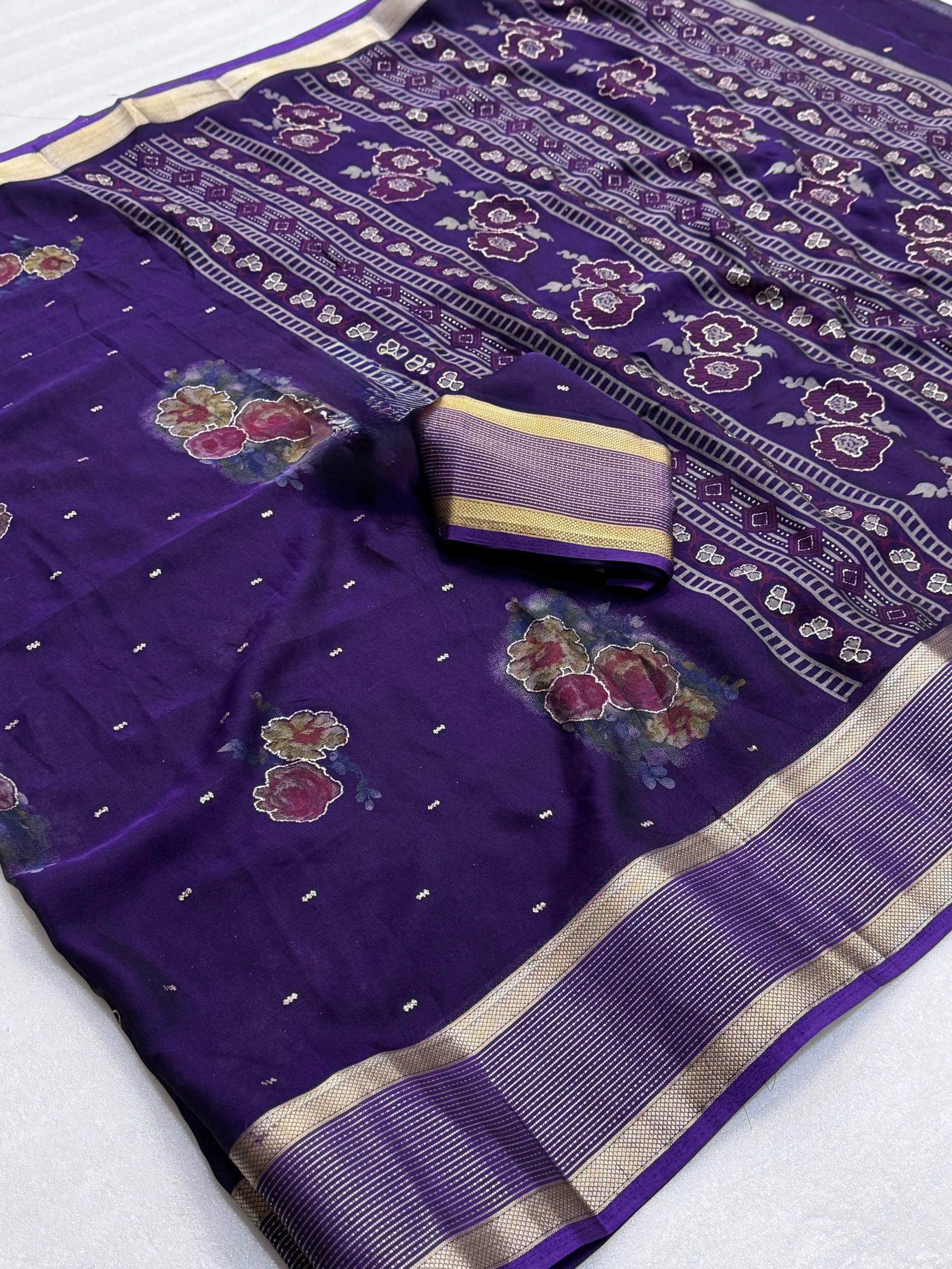 Pure Rangoli Silk Saree with Floral Prints, Glitter Butti & Golden Weaving Border with Blouse