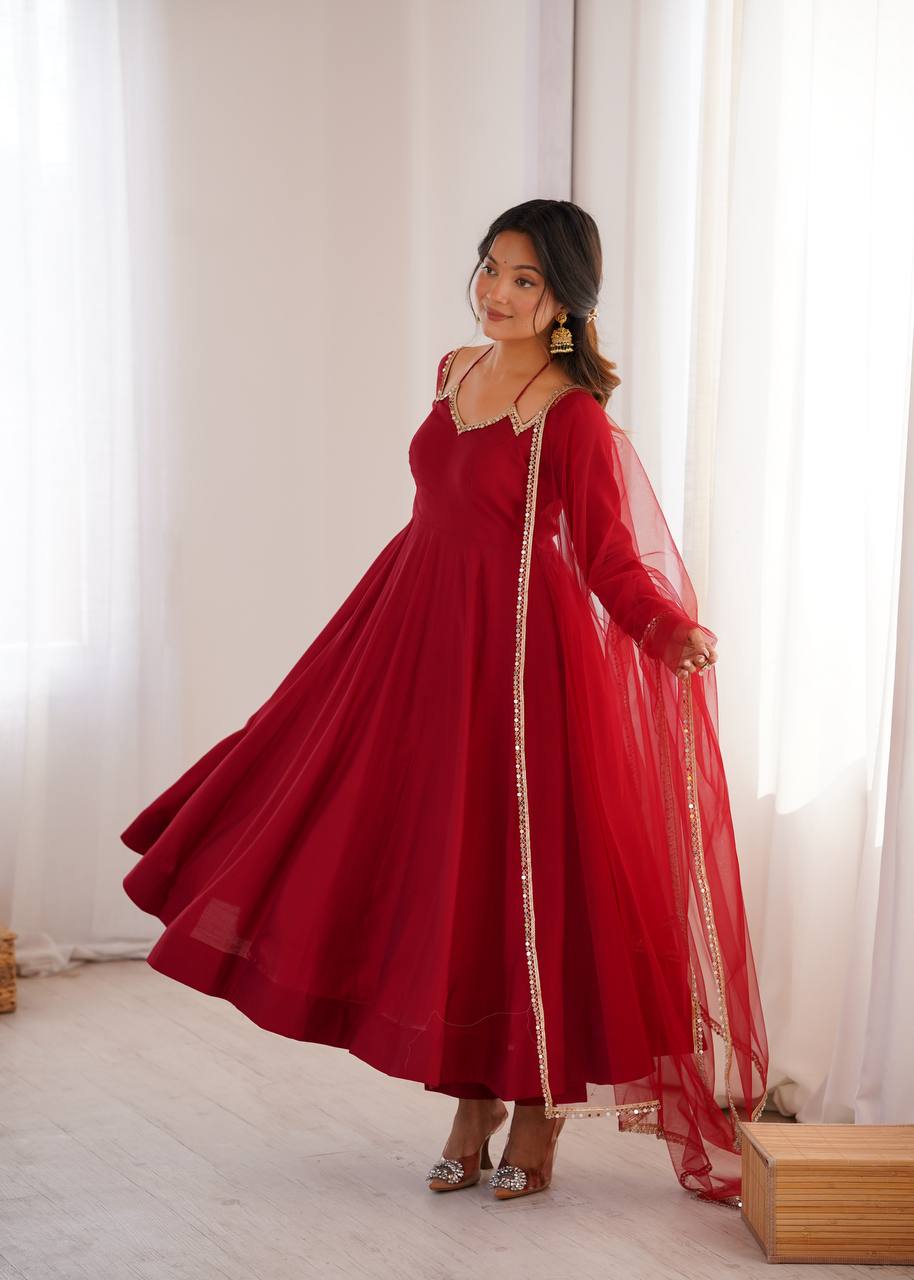 Premium Pure Roman Silk Chanderi Anarkali Gown Set with 4 Meter Flare, Lace Work & Net Dupatta