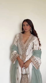 Designer Roman Silk 3 Piece Plazzo Set with Heavy Sequence Embroidery and Organza Dupatta