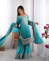 Premium Chinon Silk Embroidered Kurti Plazo Set with Dupatta | Coding Dori, Sequin & Moti Work | Party & Festive Wear
