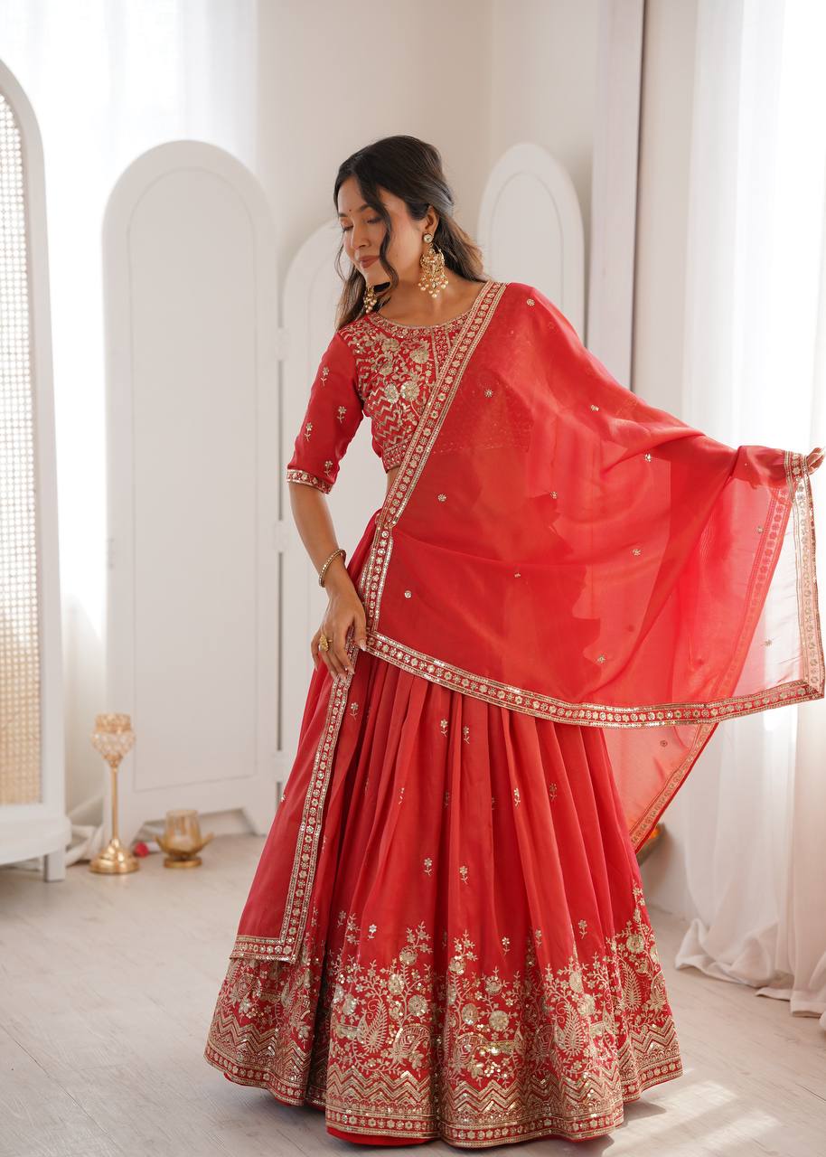 Heavy Simmer Silk Lehenga Choli Set with Thread & Sequin Work | 3 Meter Grand Flair | Fully Stitched Bridal Wear