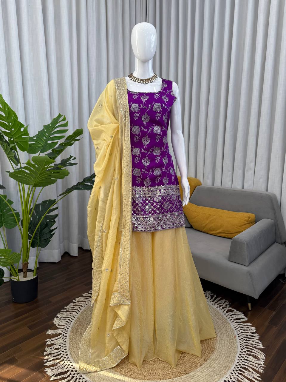 Jacquard Thread & Sequence Work Kurti Plazo Set with Crunchy Silk Dupatta – Festive Ethnic Wear for Women