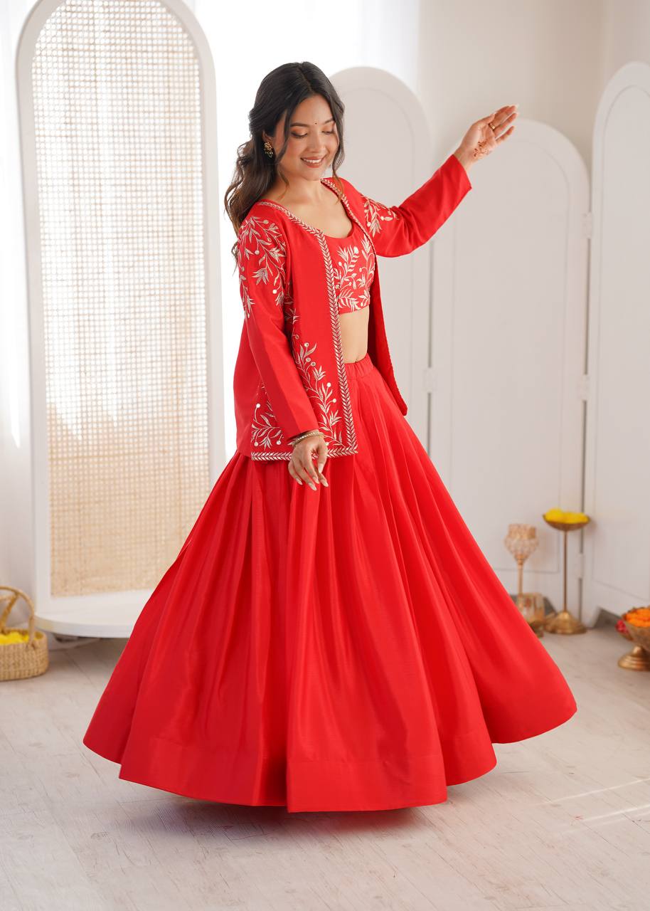 Premium Chinon Silk Lehenga Choli with Embroidered Jacket | 3.5m Flair | Ethnic Occasion Wear