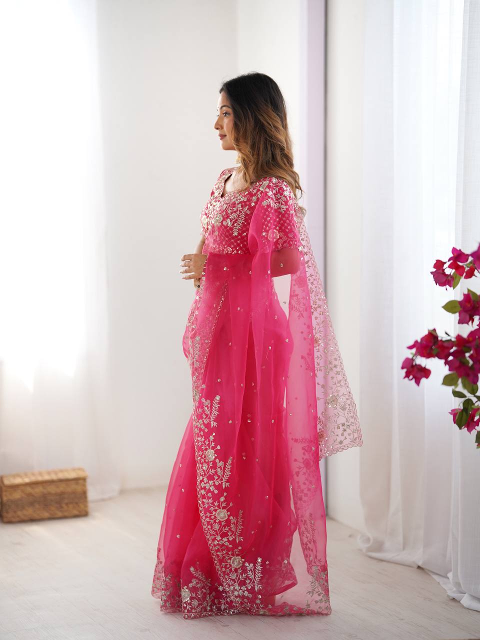 Heavy Organza Silk Saree with Thread & Sequin Embroidery | Designer Wedding & Festive Wear Saree for Women