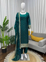 Heavy Fendy Silk Salwar Suit Set with Dupatta – Thread & Sequence Embroidery Kurta Pant Set