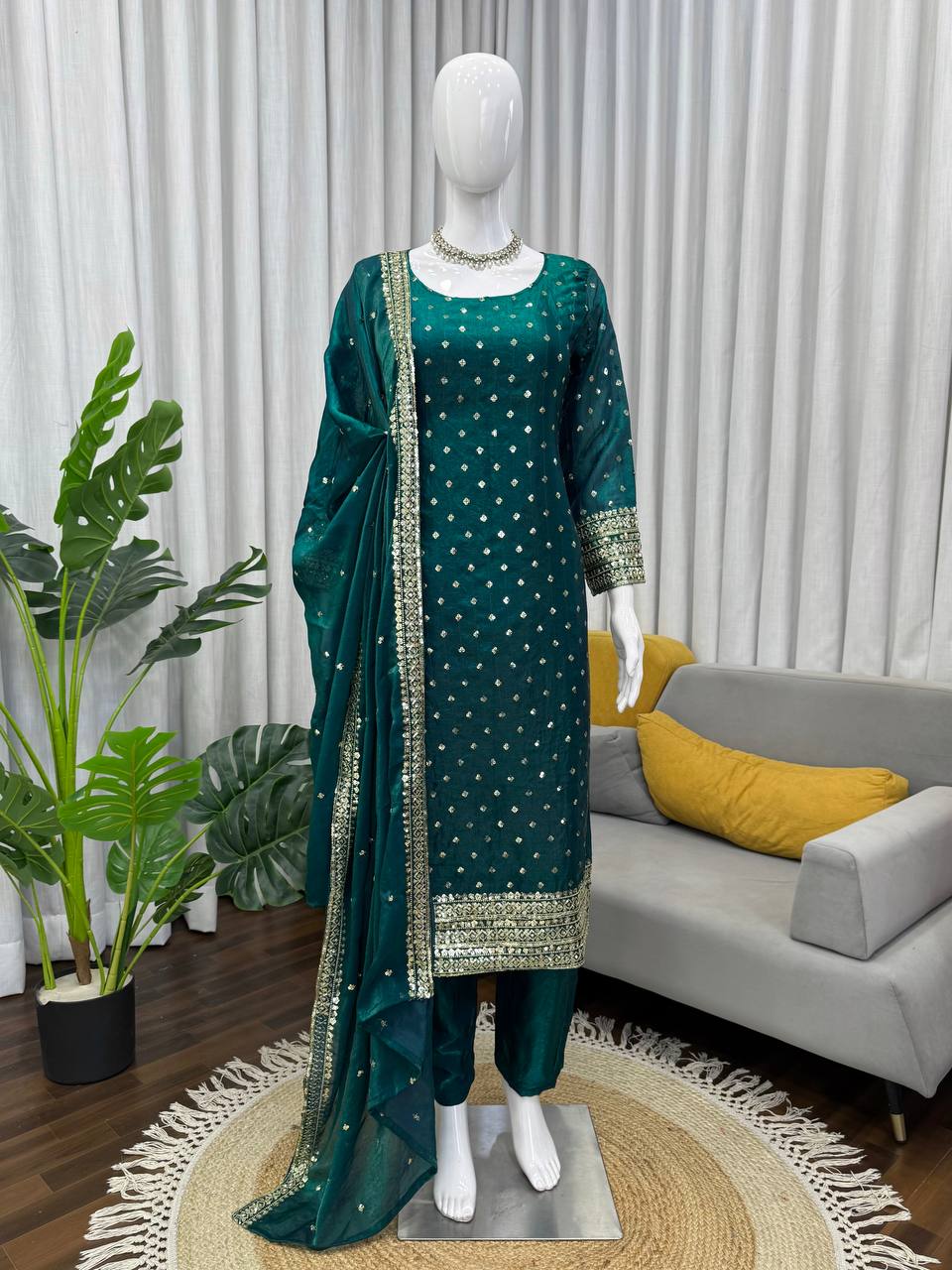 Heavy Fendy Silk Salwar Suit Set with Dupatta – Thread & Sequence Embroidery Kurta Pant Set