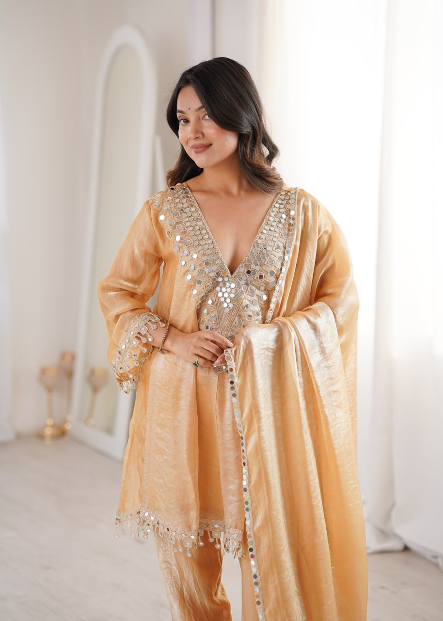 Designer Fendy Kurti Pant Dupatta Set with Real Mirror Work & Coding Embroidery | Festive Ethnic Wear Suit