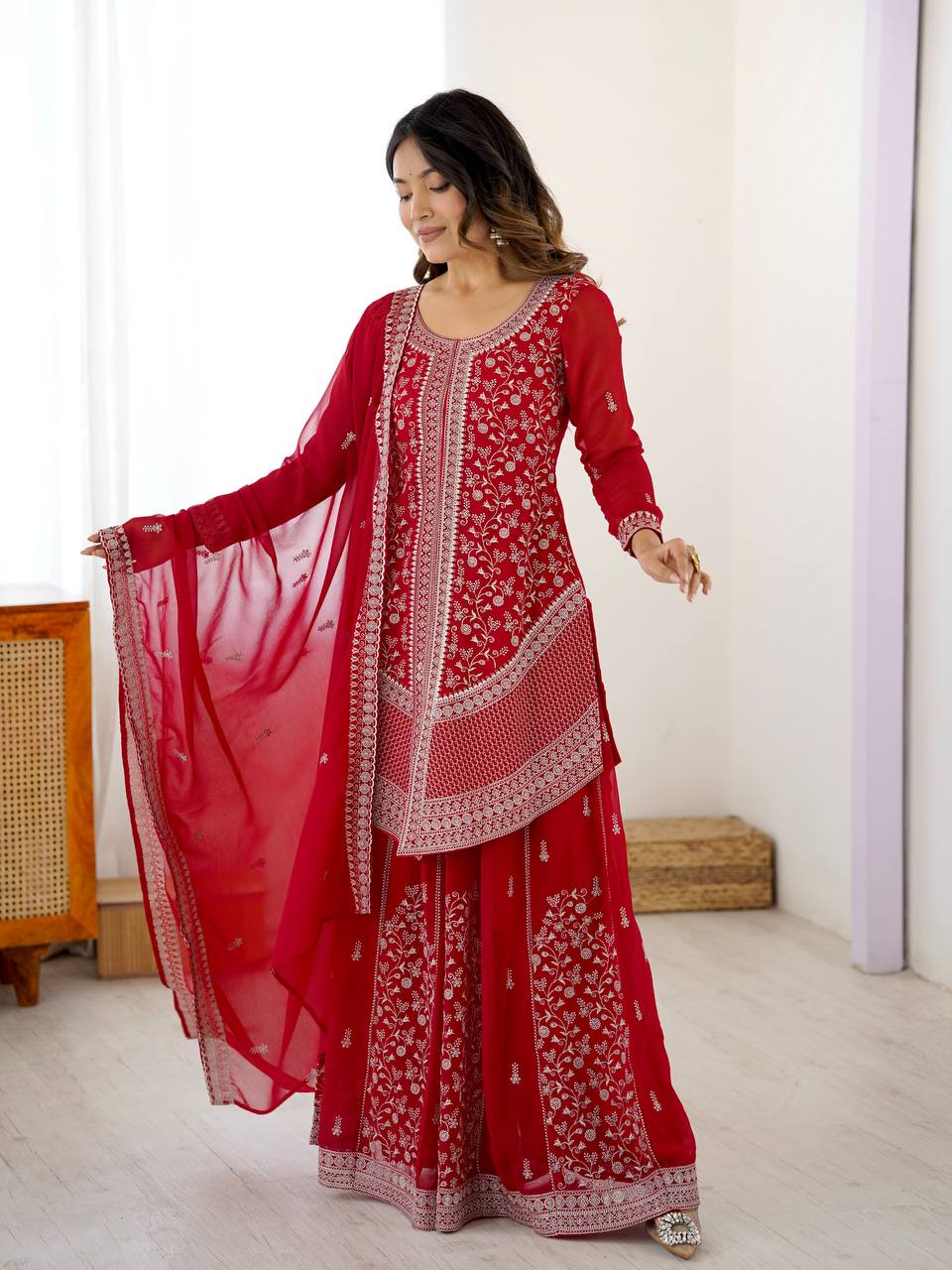 Designer Faux Georgette Embroidered Palazzo Suit Set with Sequins Work Dupatta | Ready to Wear Wedding & Festive Ethnic Wear for Women