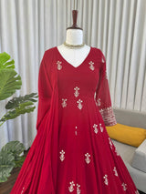Designer Faux Georgette Anarkali Gown Set with Embroidered Dupatta & Pant