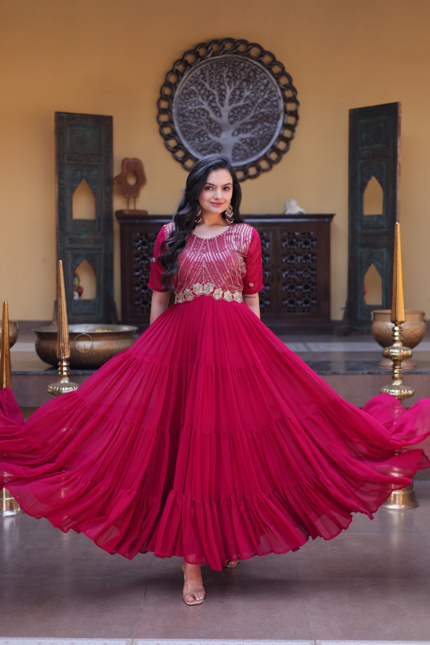Party Wear Faux Blooming Long Gown with Heavy Embroidery Work