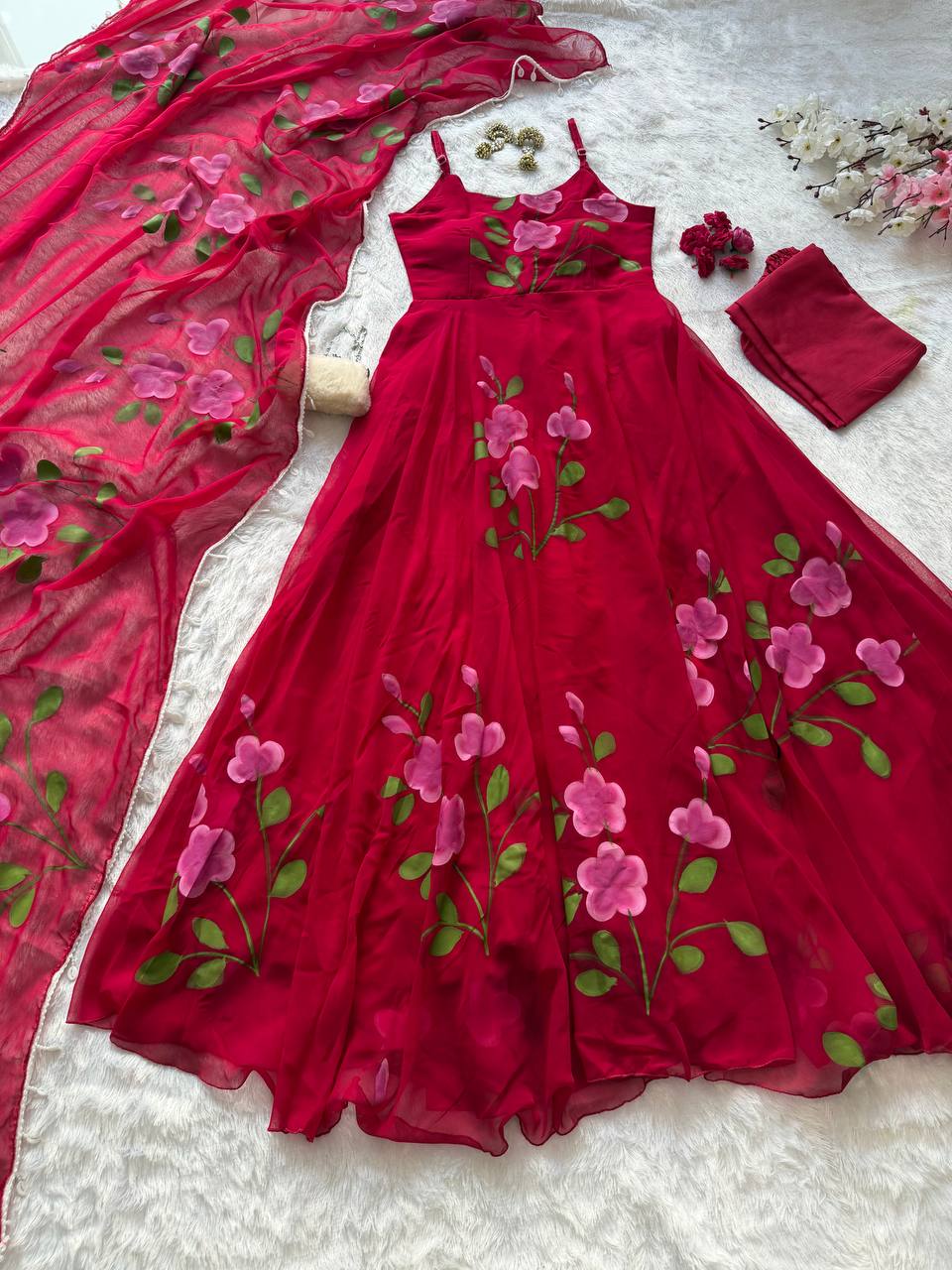 Handpainted Georgette Anarkali Suit Set with Buttersilk Pant & Kodi Lace Dupatta